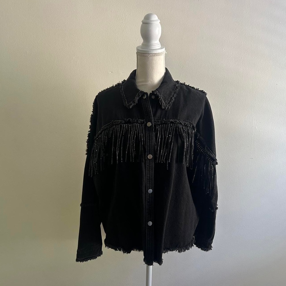 Zara Western Black Denim Jacket with Fringe and Stud Accents Brand New